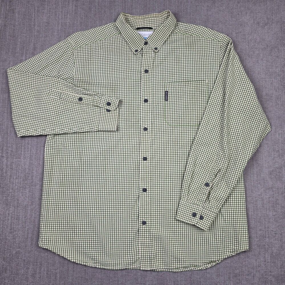 Columbia Mens XL Green Beige Grid Plaid Long Sleeve Button Shirt Pocket Outdoor